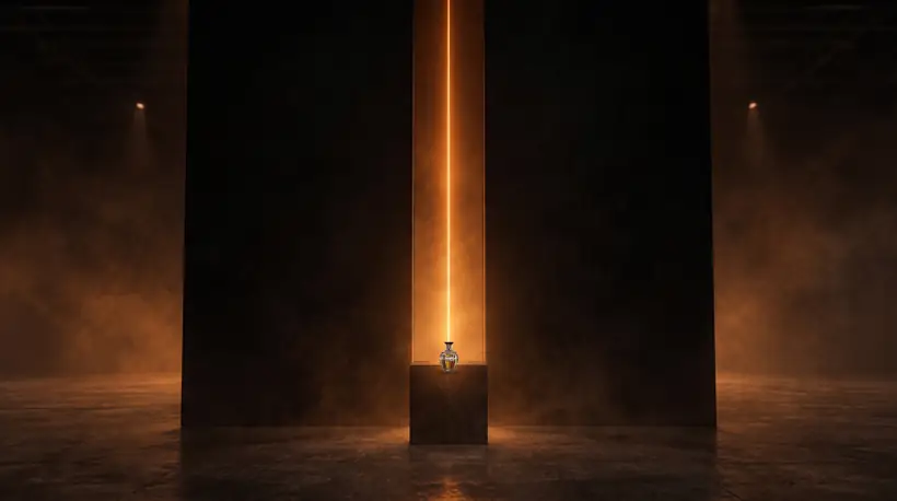 A crystal-caged perfume flacon on a dark plinth between two tall black walls, a thin slit of orange light behind it and haze drifting through an empty, spotlit hall